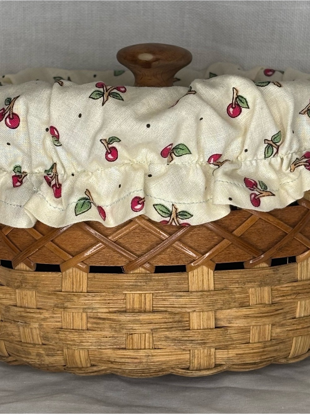 Longaberger Woven Wood Storage Basket with Cherry-Print Cream Liner
